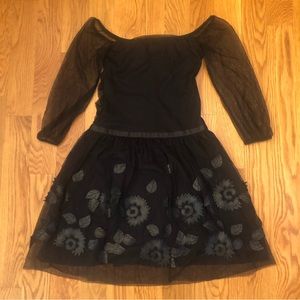 Y.AT Black Mesh Leather Patch 3/4 Sleeves Off Shoulder Mini Dress XS Small